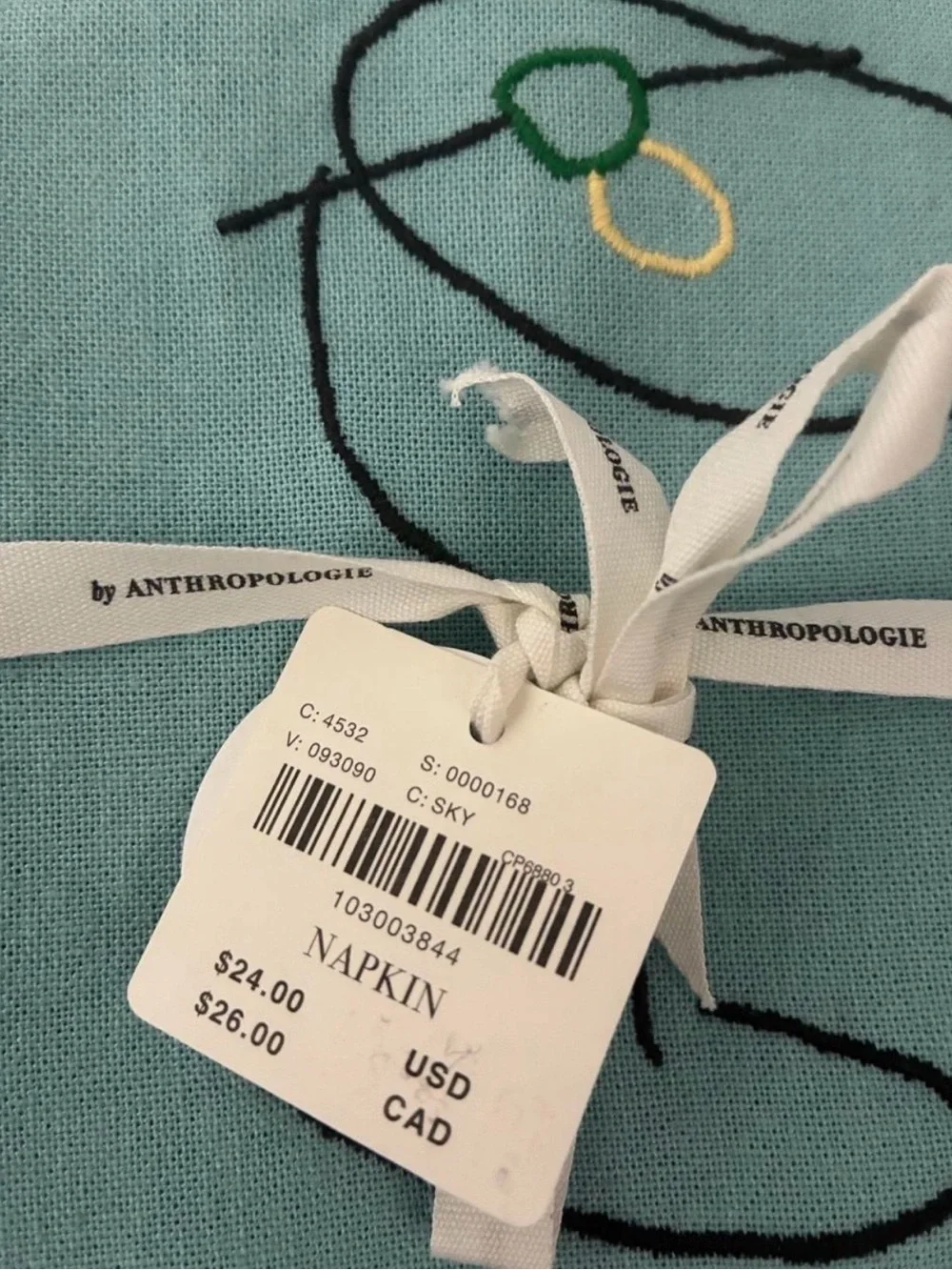 Anthropologie Teal Cloth Dinner Napkins with Cocktail Outline and Gold Trim